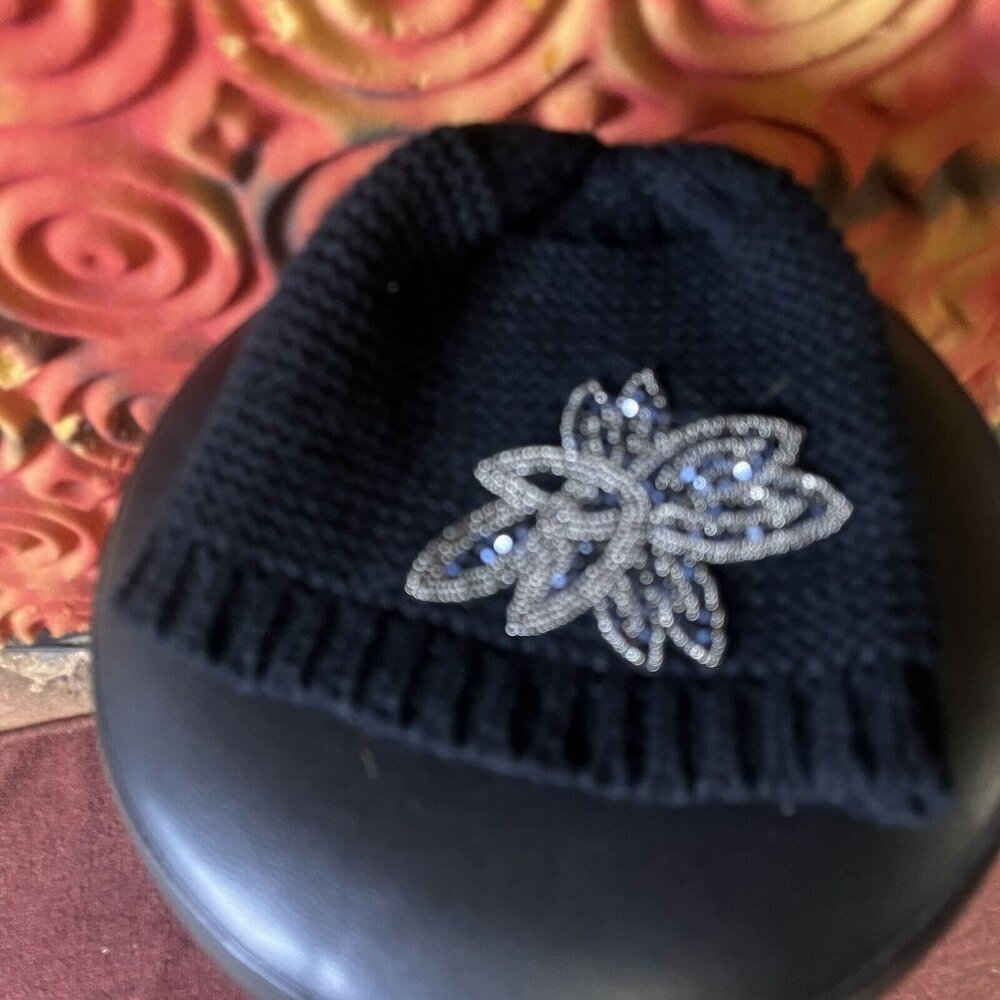 2 Chic Womens Black Blue Sequin sparkly beaded crochet Floral ski hat Knit